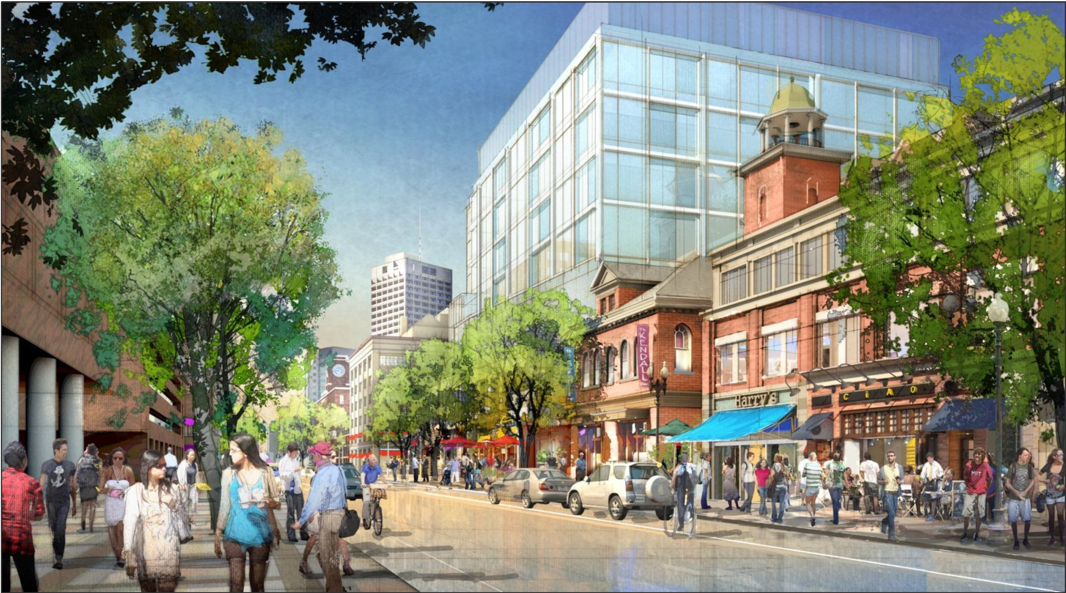 Artist's rendering of a redeveloped Main st., as viewed from the intersection with Ames st.  Courtesy MIT