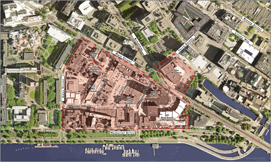 Overhead view of Kendall Square.  The area of proposed redevelopment is highlighted in red.  Courtesy of MIT