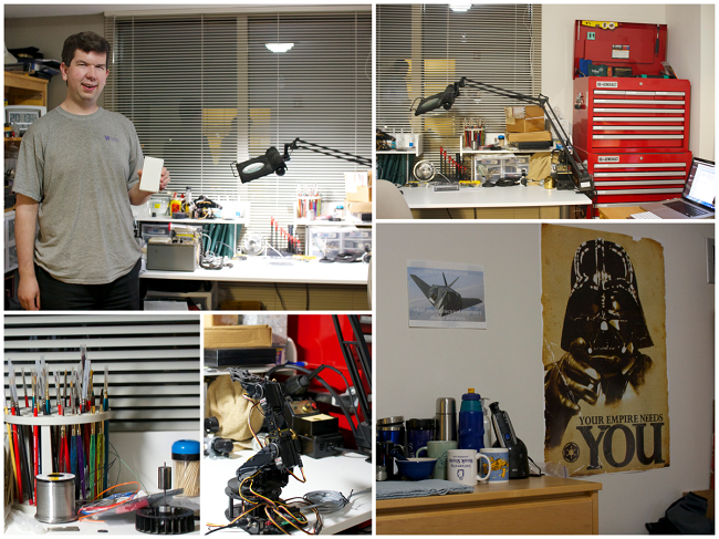 (CW from the top right) Mark with the Geiger counter he designed and built, his work station, brushes for figurine coloring, The robot arm, and some wall decorations. 